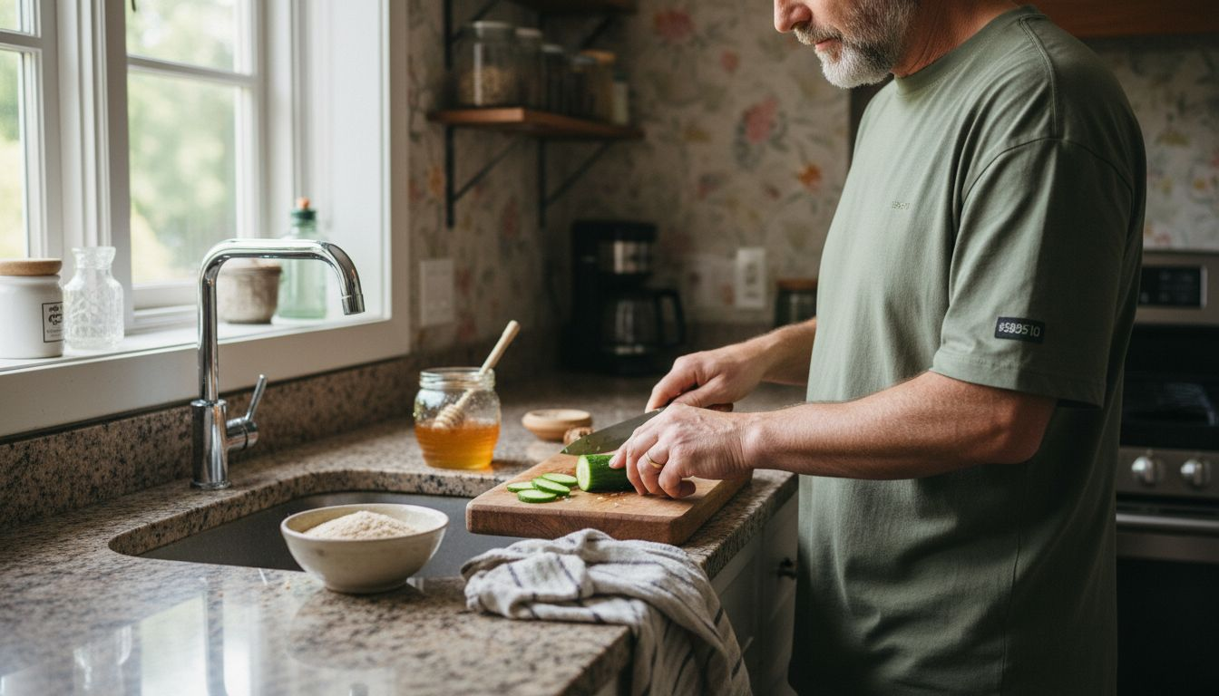 Man preparing natural skincare ingredients at kitchen counter