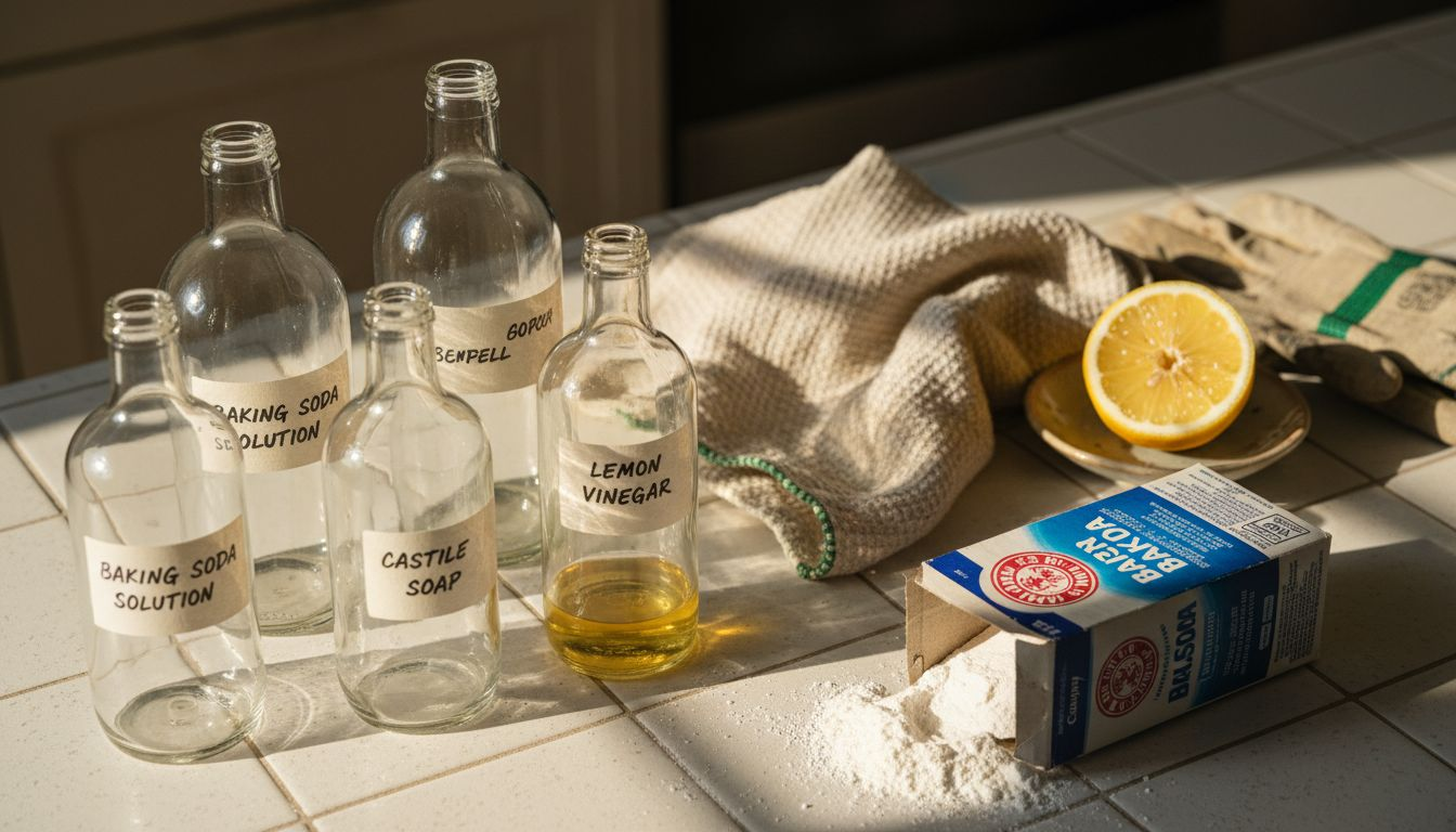 Close-up eco cleaner bottles with ingredients