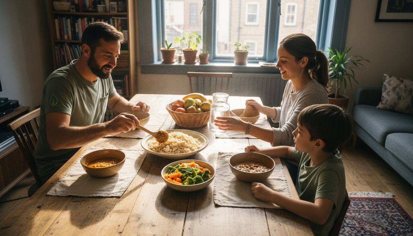 Family sharing plant-based dinner at home