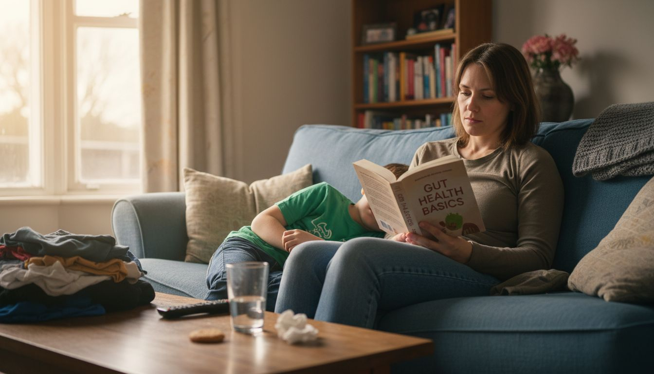 Mother and tired child on living room sofa