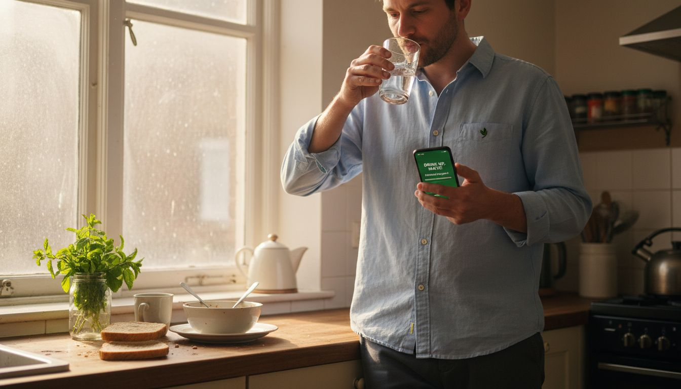 Man drinking water in sunlit kitchen