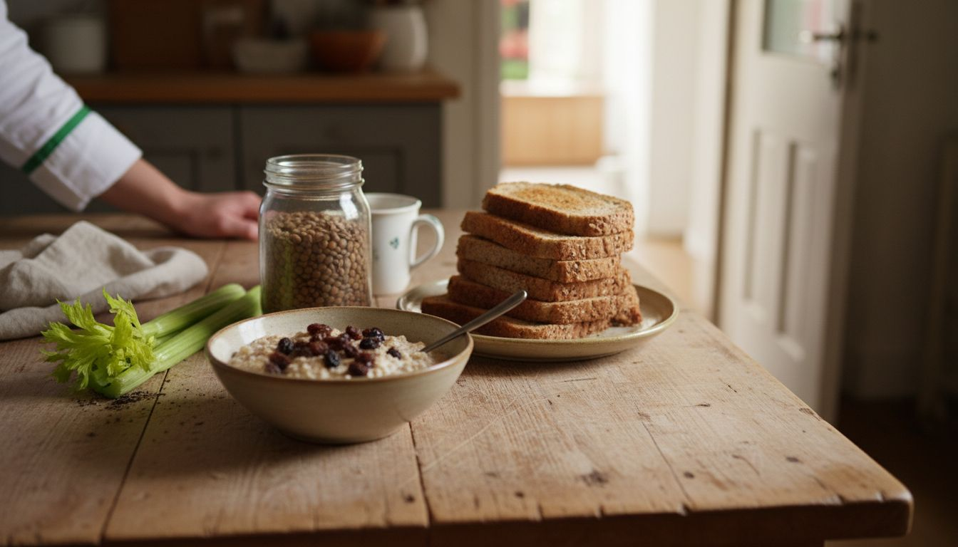 Selection of high fibre foods on table