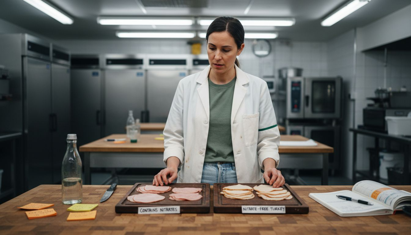 Nutritionist comparing nitrate and nitrate-free meat slices