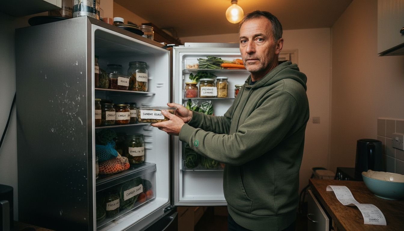 Man organizing labeled leftovers in fridge