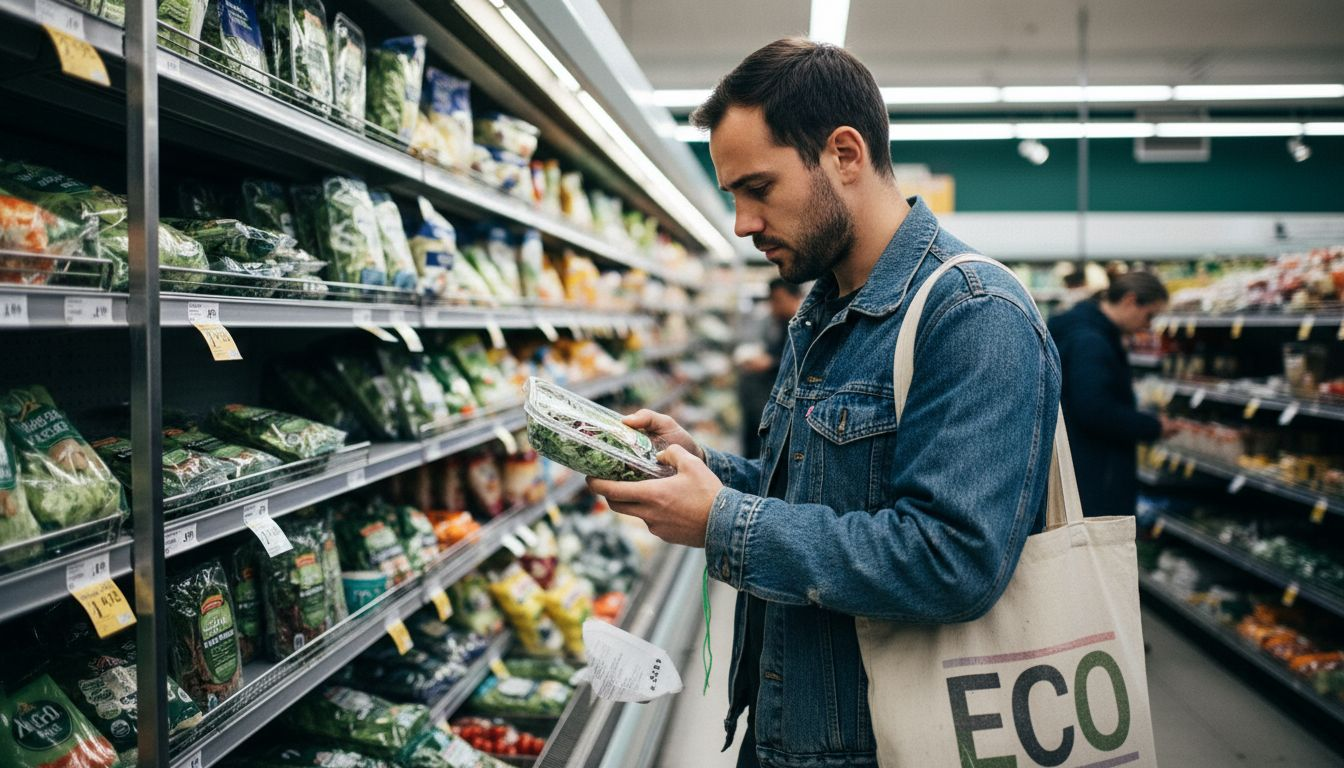 Man checking food label for toxins