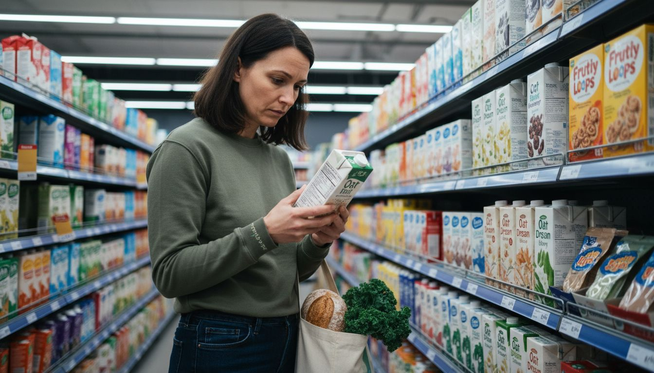 Woman checks plant milk nutrition label