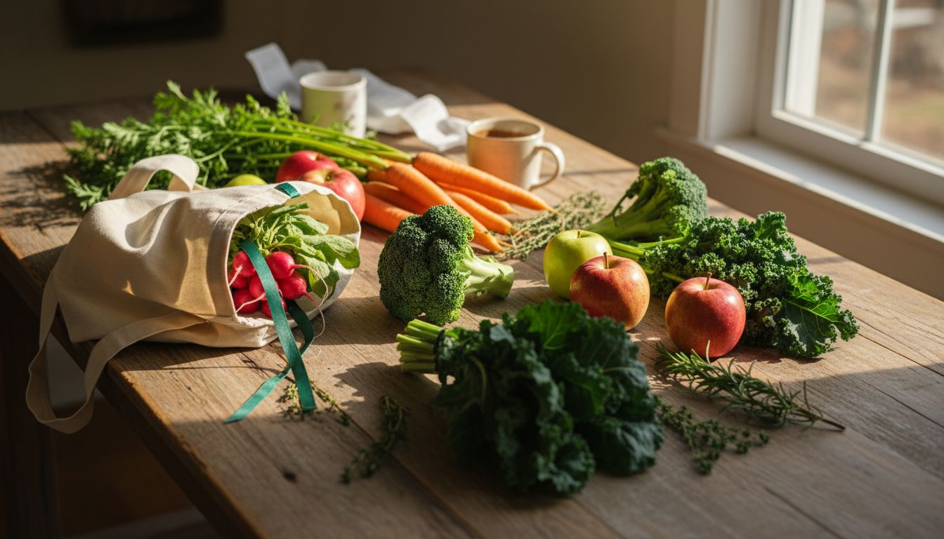 Fresh produce on rustic kitchen table