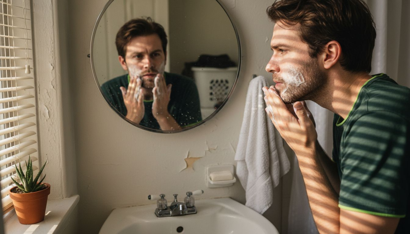 Man washing face assessing skin type