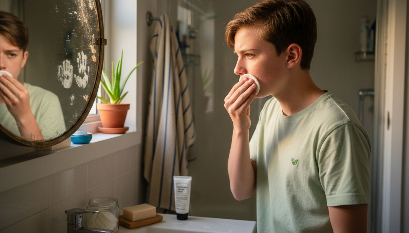 Teen performing natural skincare steps alone
