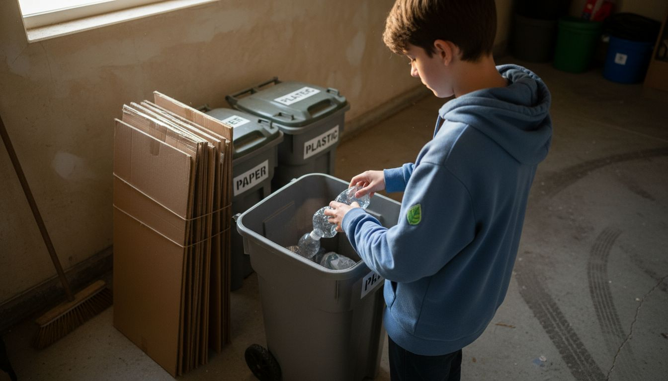 Teen sorting recycling at home garage