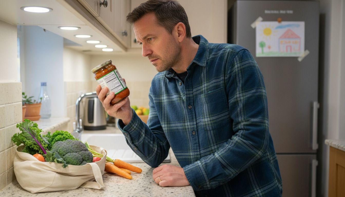 Man checking organic product label closely