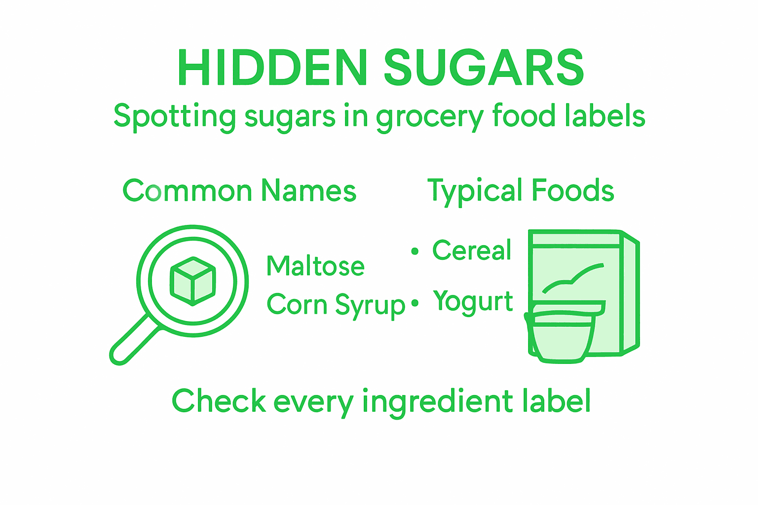 Infographic showing hidden sugars in food labels