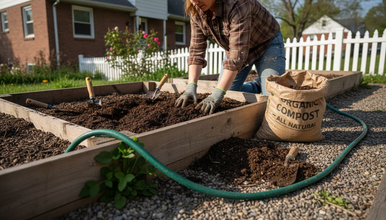 Woman mixing compost into garden soil