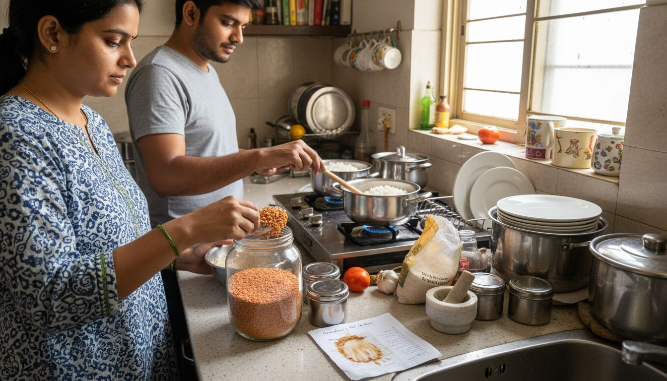 Parents cook dal and rice together
