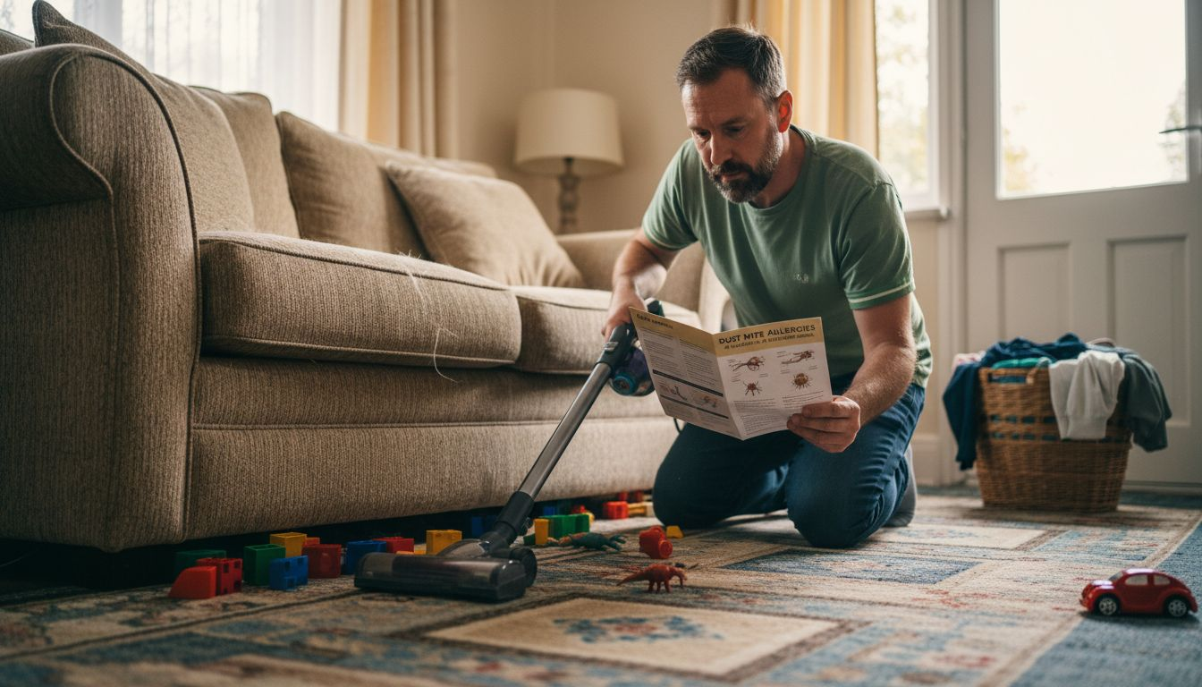 Father vacuums dusty living room for allergies