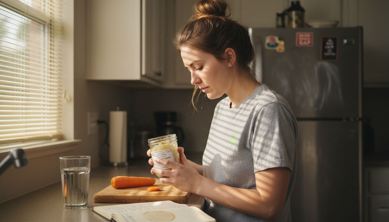 Woman reading fermented food label in kitchen