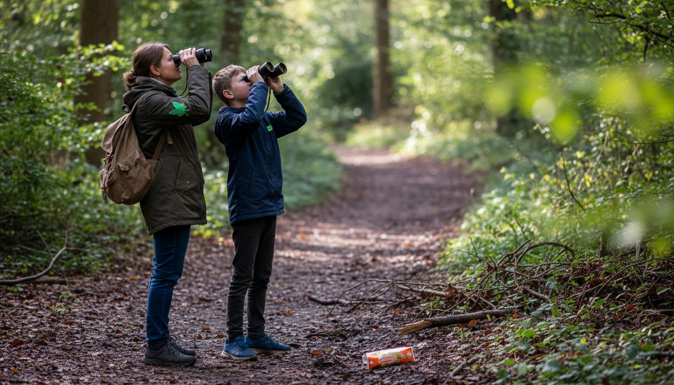 Mother and son walk nature reserve trail