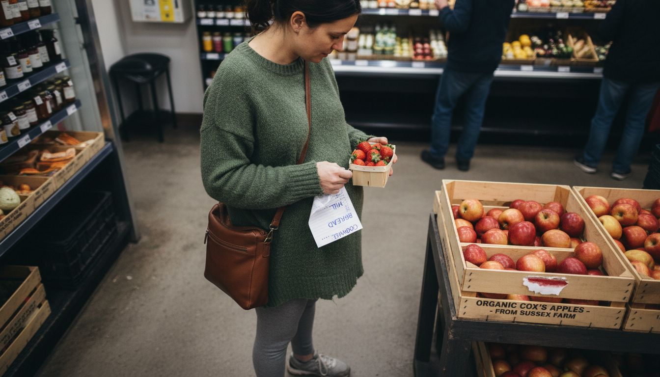 Pregnant woman choosing organic strawberries