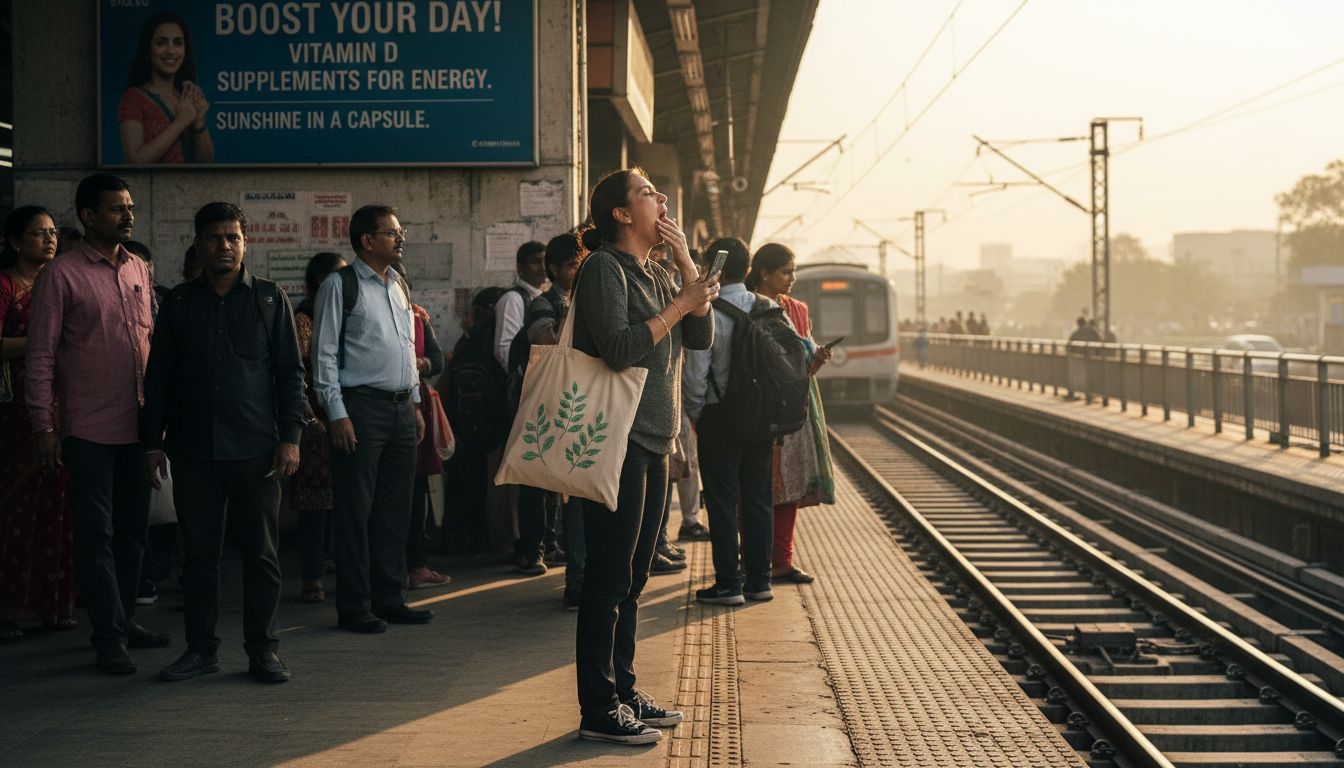 Fatigued woman waiting at metro platform