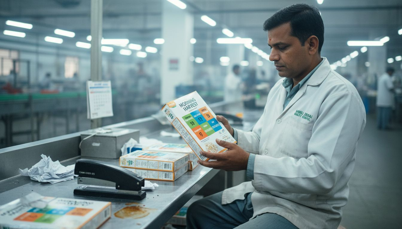 Worker checking front-of-pack nutrition label