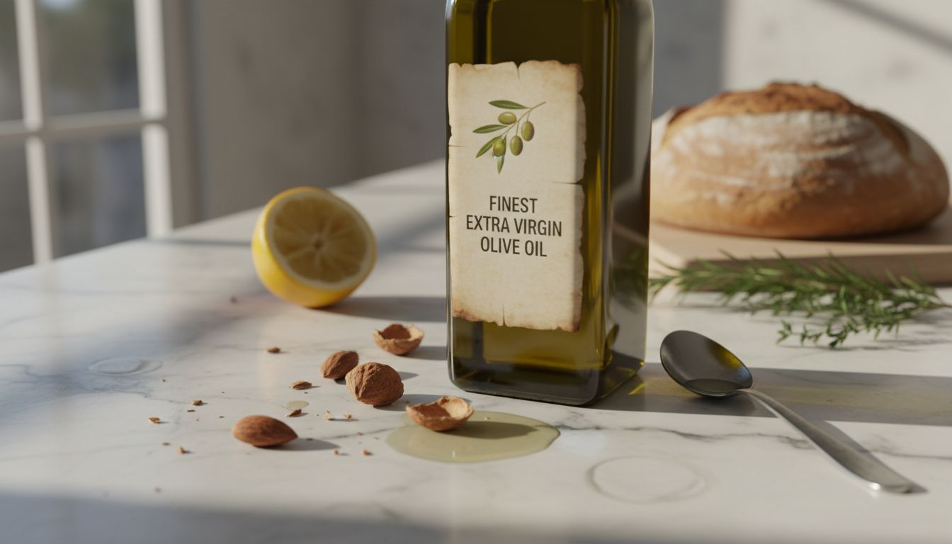 Close-up extra virgin olive oil and almonds