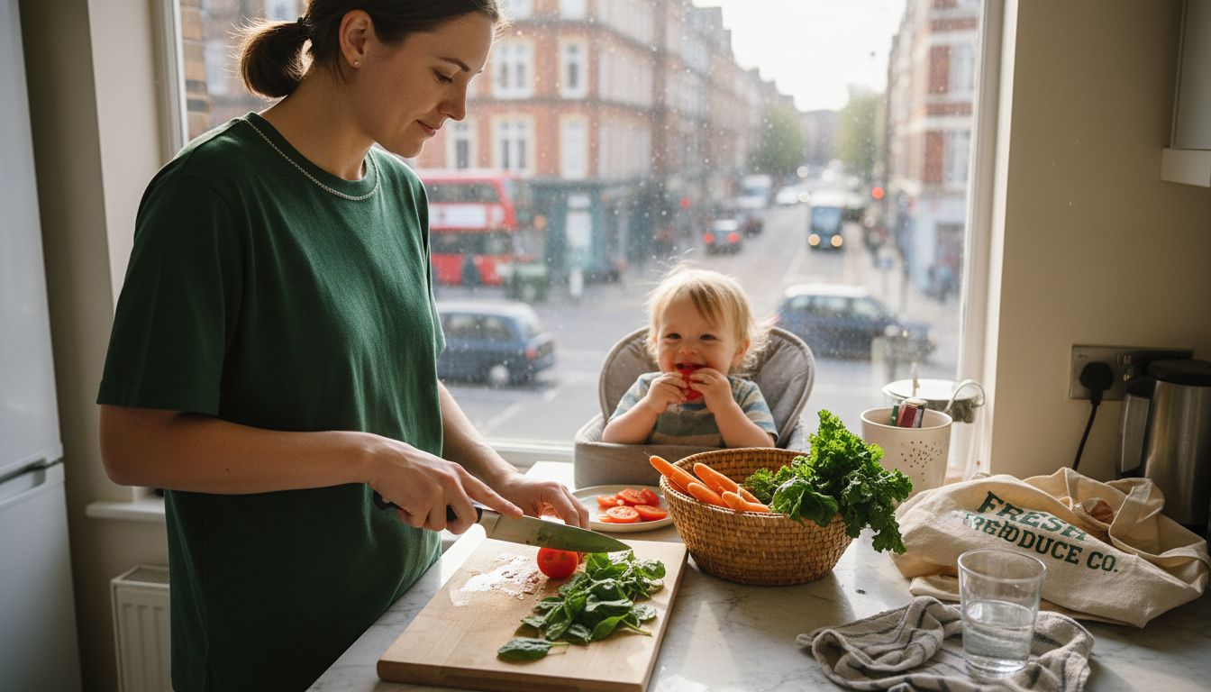 Mother preparing seasonal vegetable salad