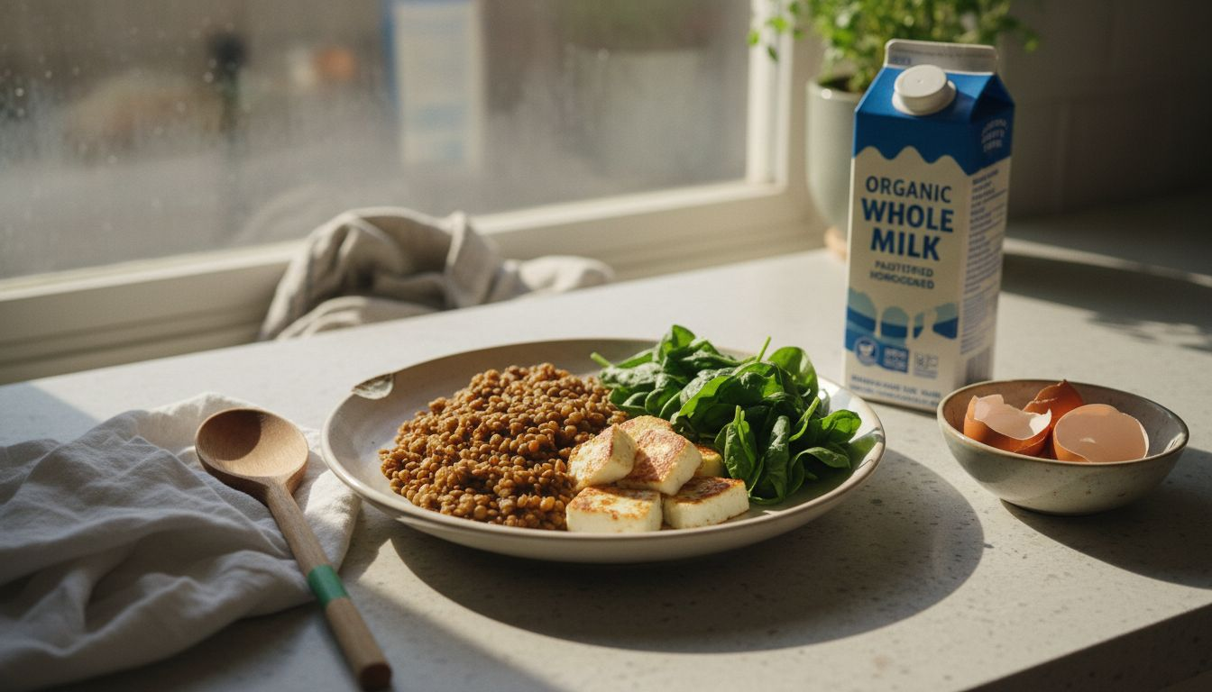 Plate of organic protein-rich foods with milk