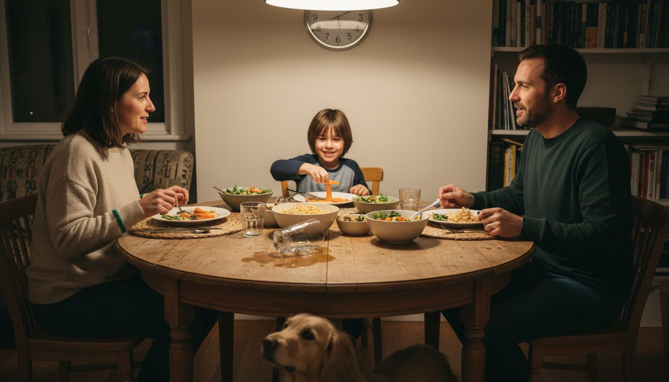 Family enjoys relaxed healthy mealtime together