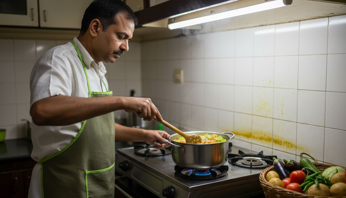 Cooking organic vegetable khichdi in home kitchen
