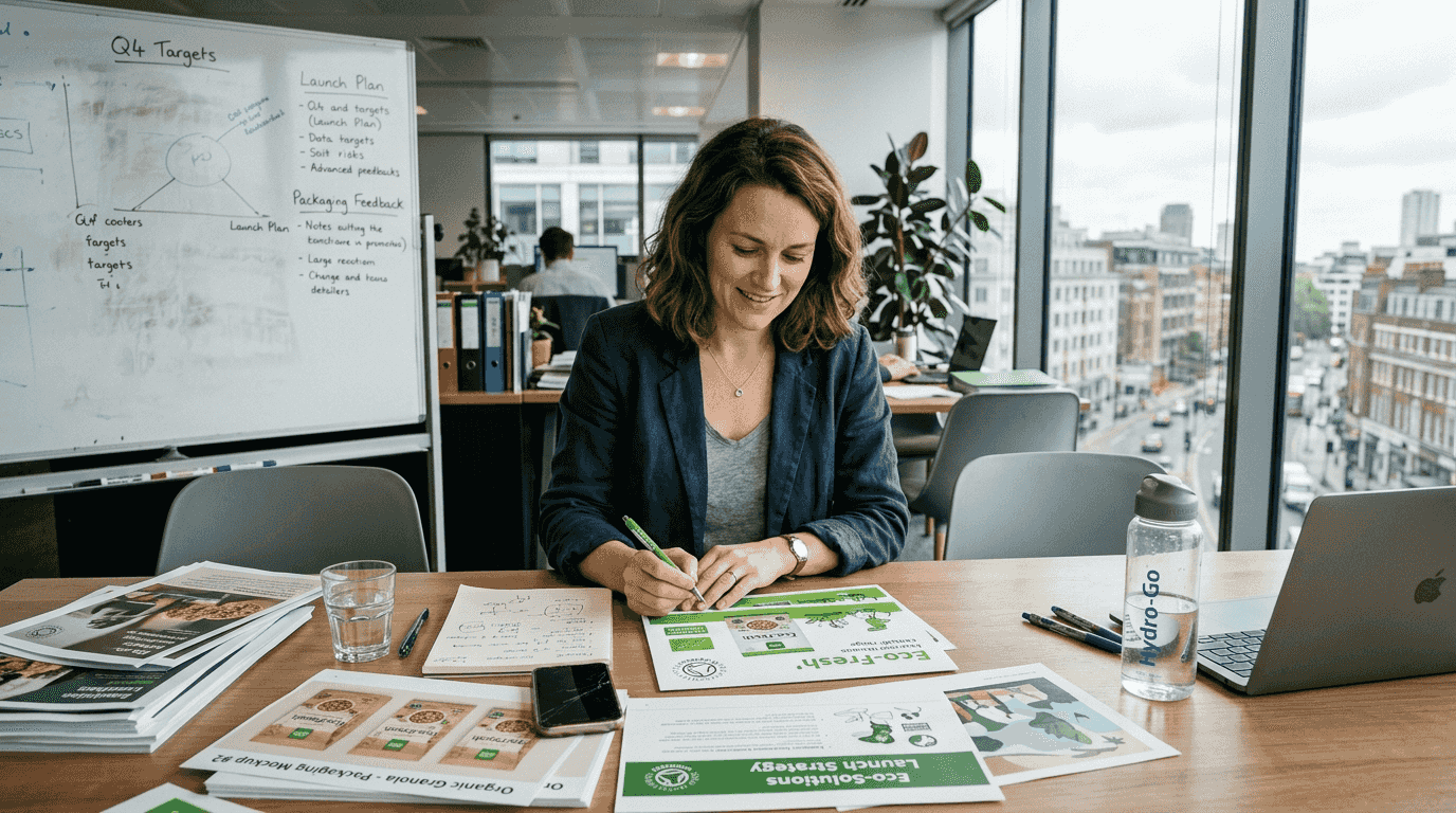 Marketer reviewing green packaging mockups on table