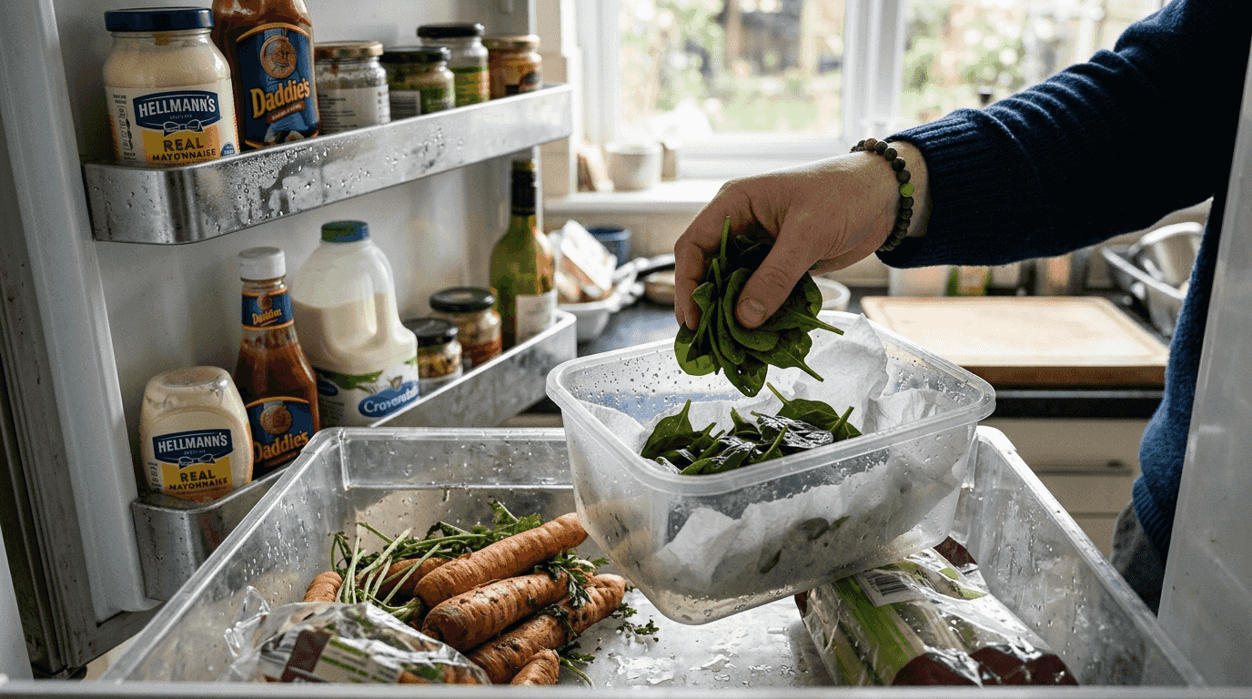 Hand storing leafy greens in crisper drawer