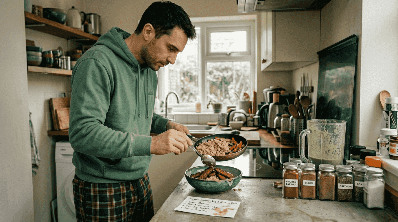 Plating vegan tempeh bacon and vegetables