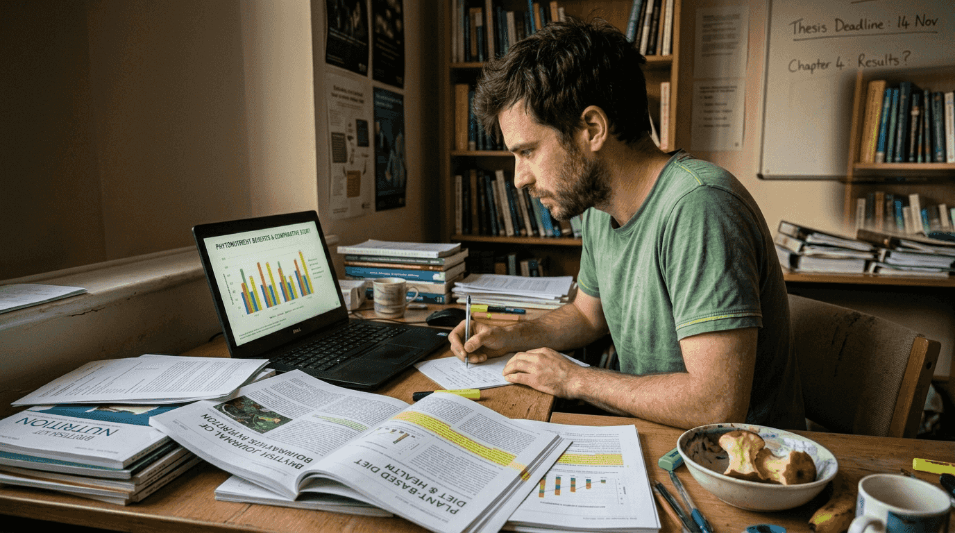 Student analyzing phytonutrient research at desk