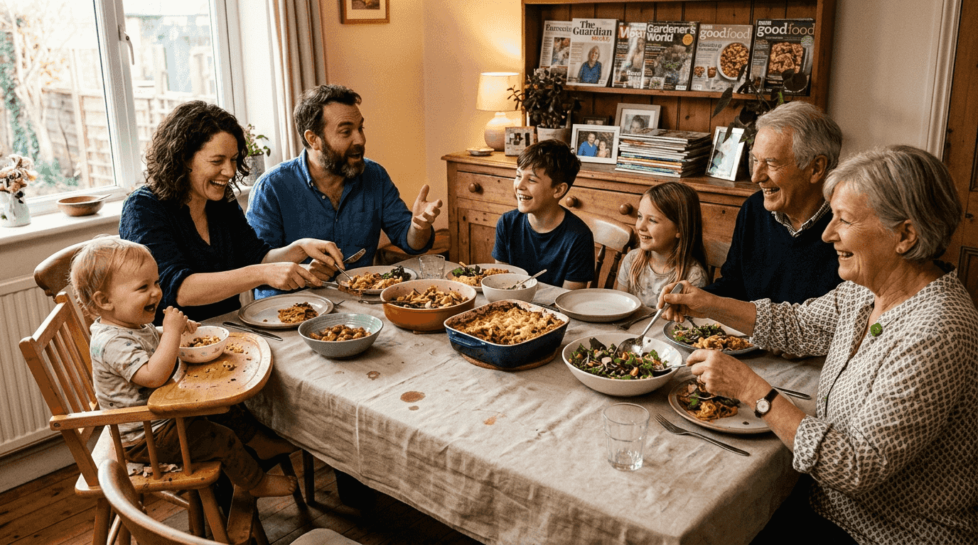 Multigenerational family sharing a home-cooked meal
