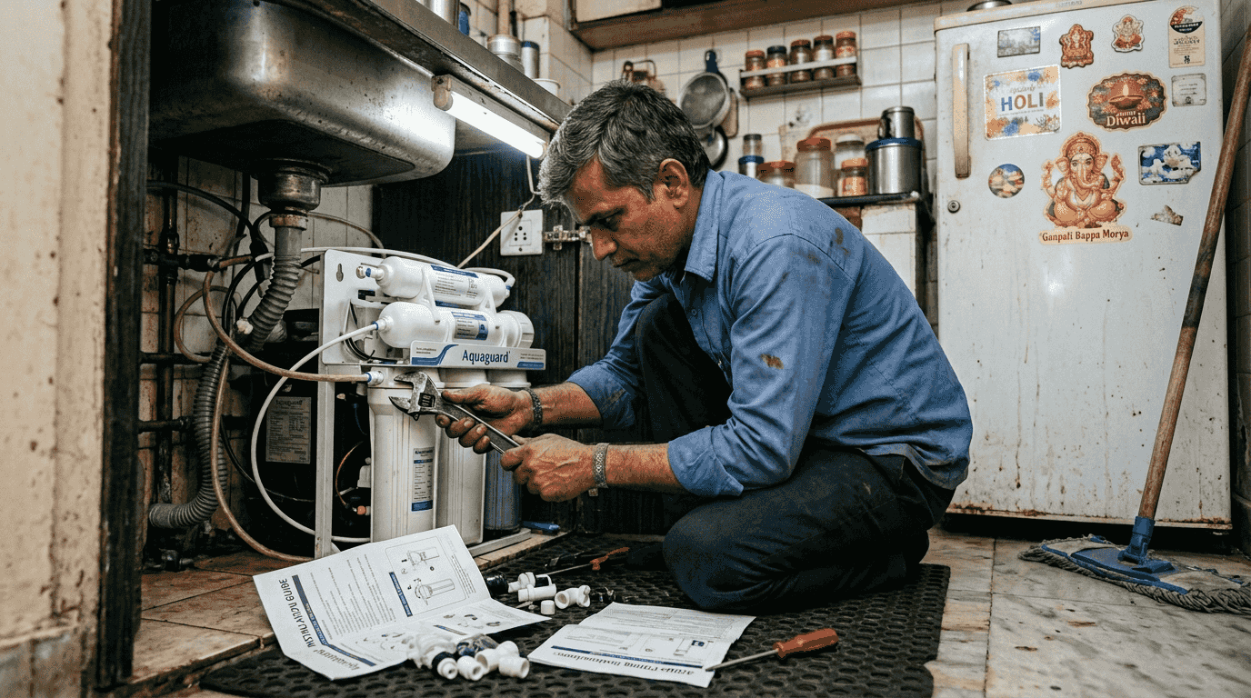 Technician installing water filter in kitchen