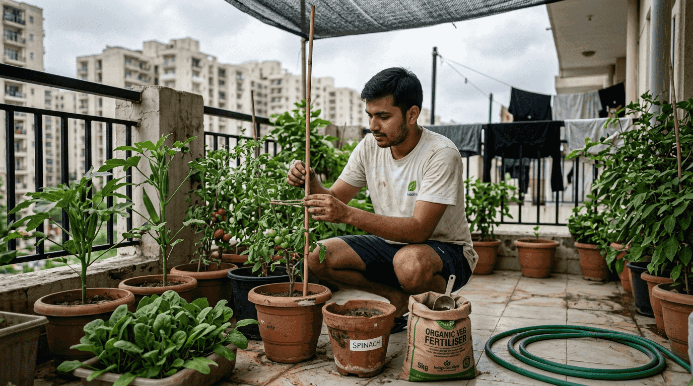 Man watering balcony organic vegetable garden