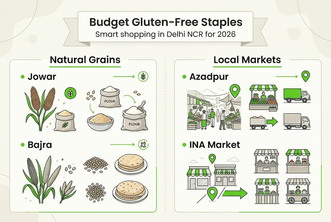 Infographic of gluten-free staples and Delhi markets