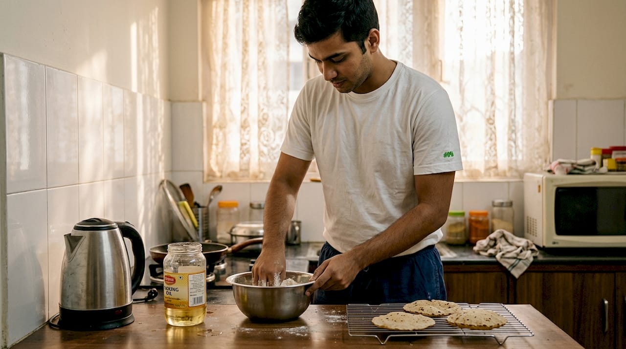 Man preparing gluten-free rotis in kitchen