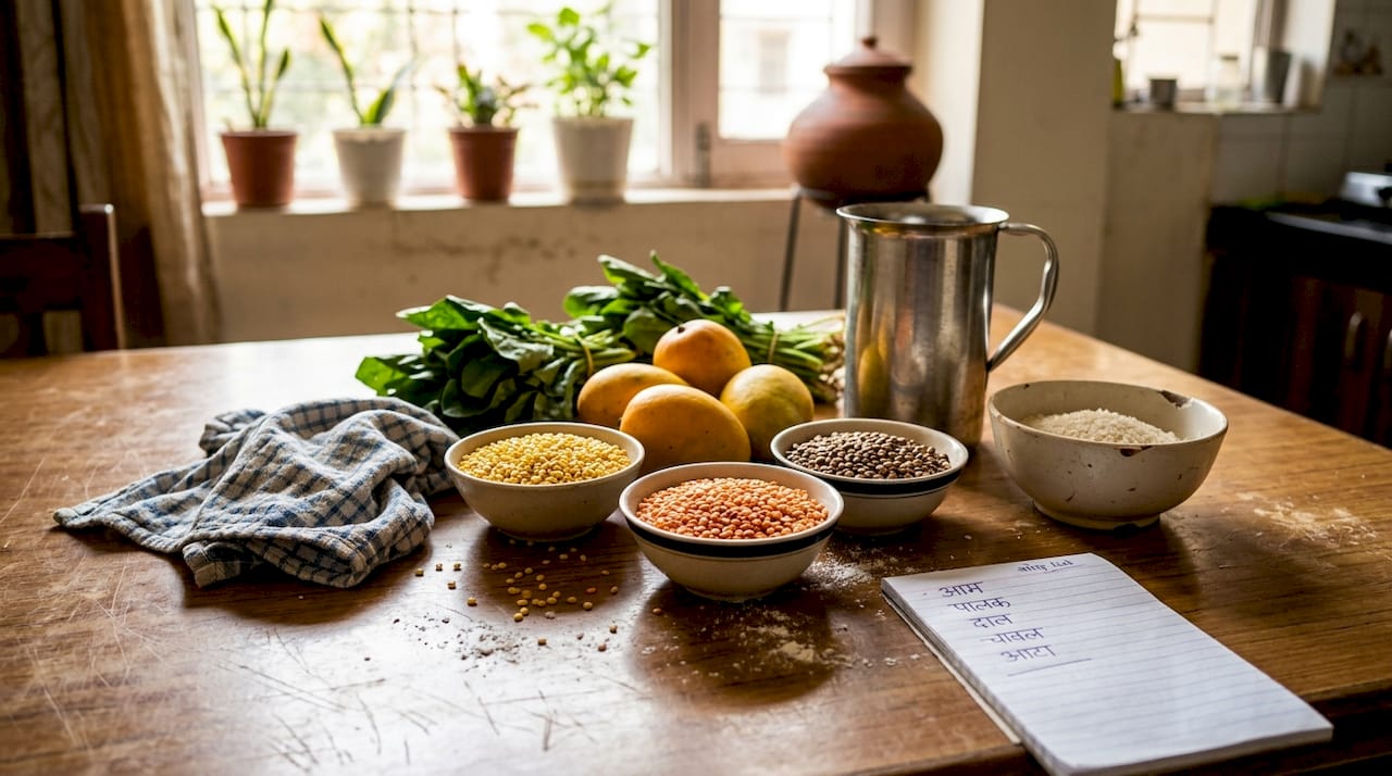 Seasonal organic produce arranged on kitchen table