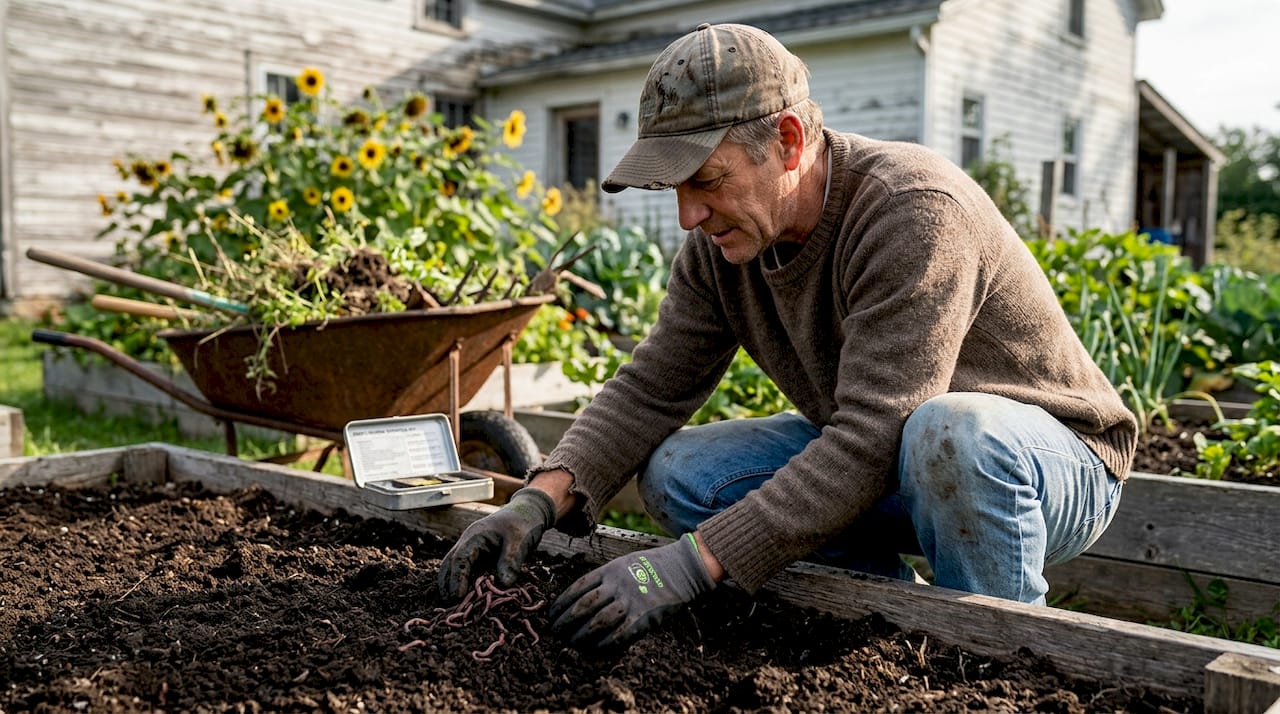 Farmer inspecting soil for organic certification