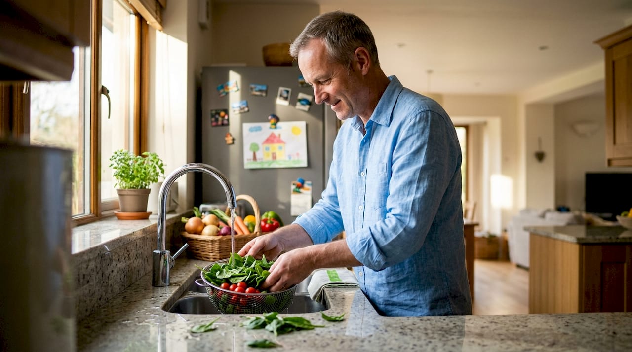 Washing organic vegetables in bright kitchen