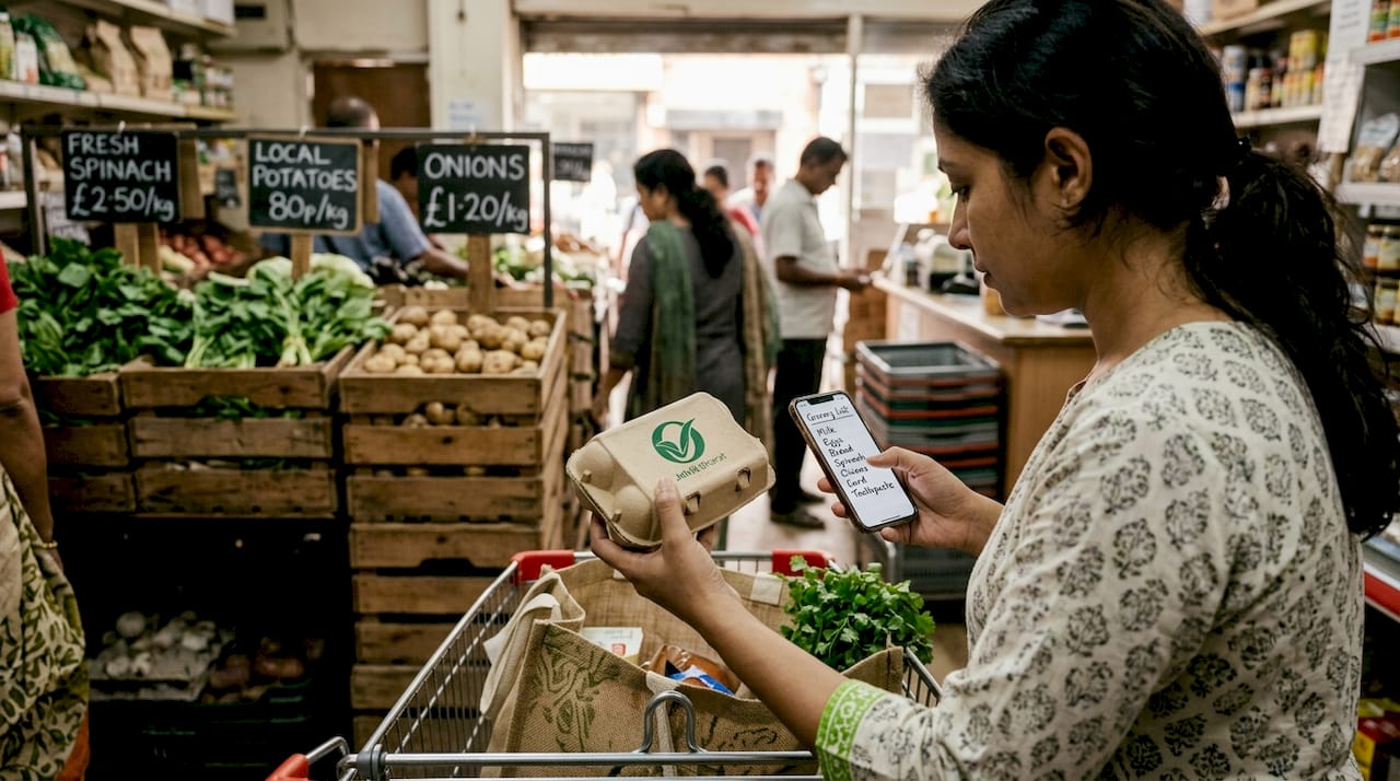 Parent checks organic label in grocery shop