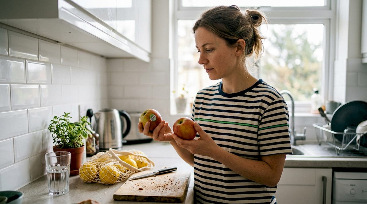 Woman comparing organic and regular apples in kitchen