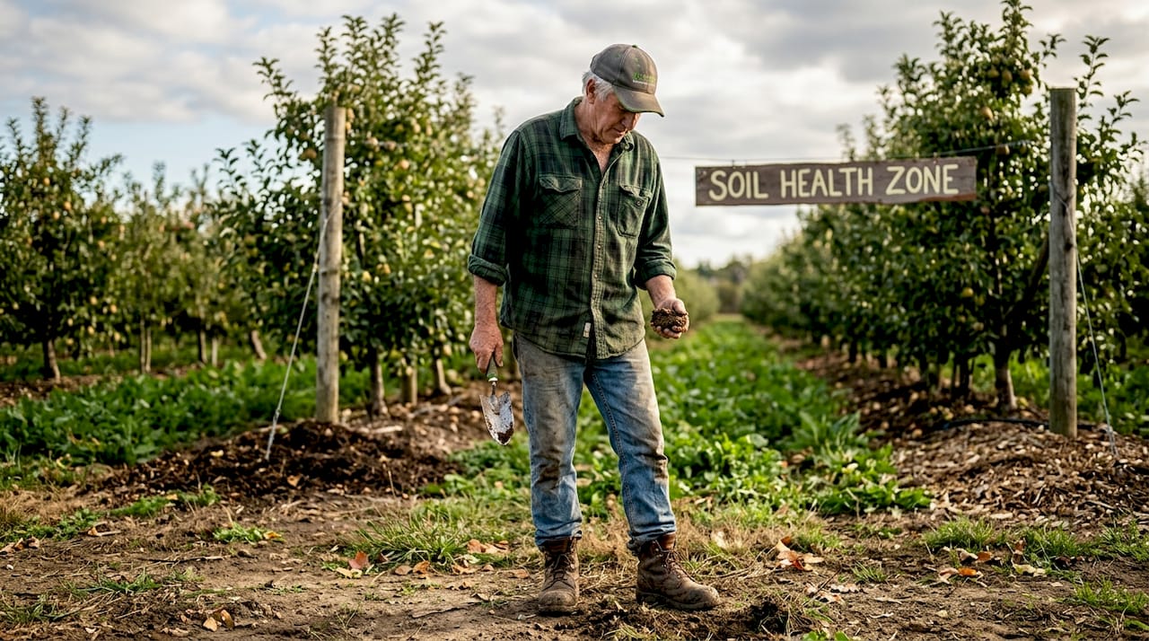 Farm worker checks soil on organic orchard