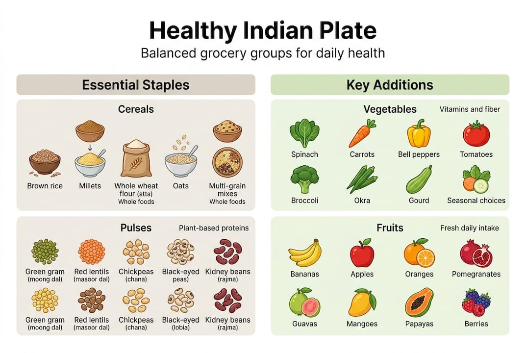 Infographic showing healthy Indian grocery basics