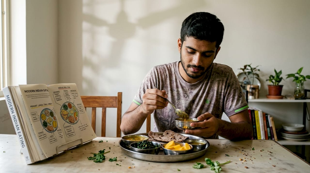 Man assembling thali with dal and ragi roti