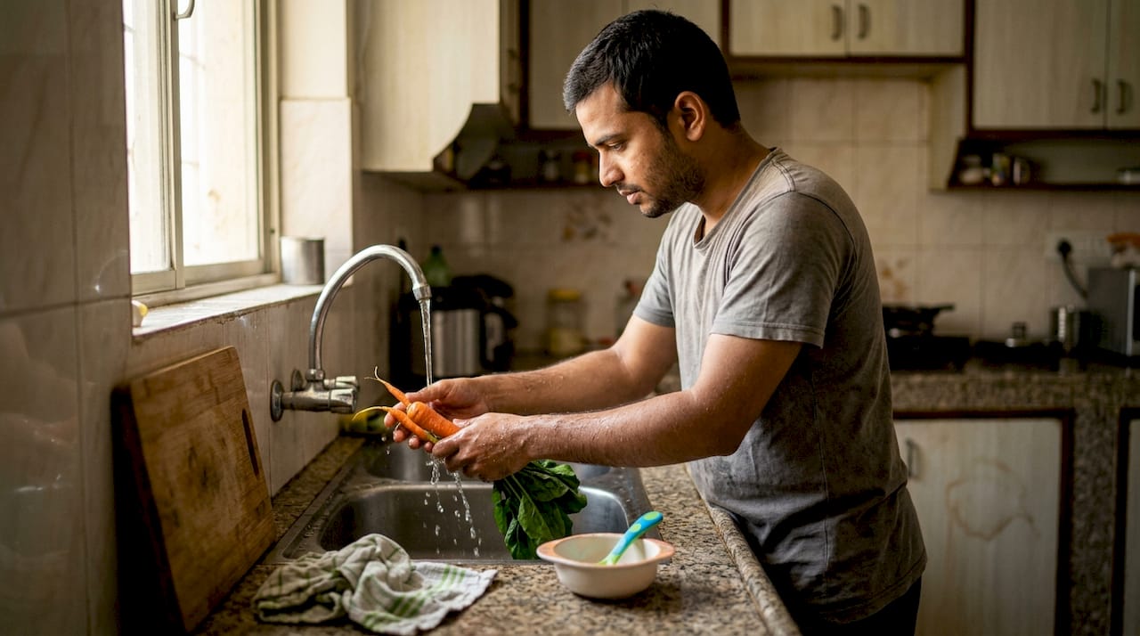 Father washing vegetables for baby meal