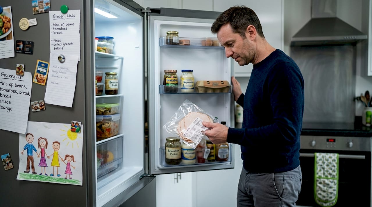 Man checking deli meat preservatives at fridge