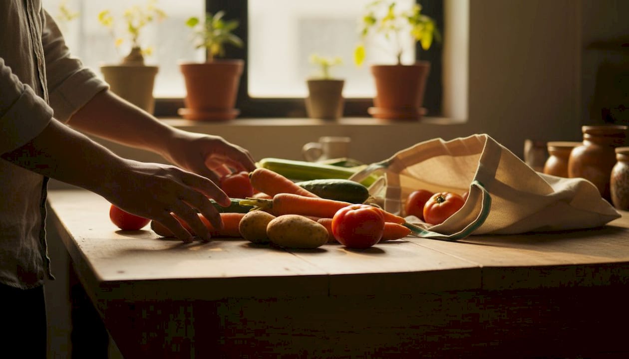 Hands inspecting imperfect organic vegetables