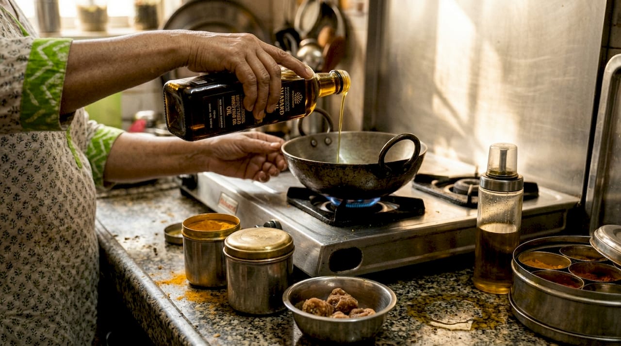 Hands using clean oils, spices, and sweeteners in kitchen